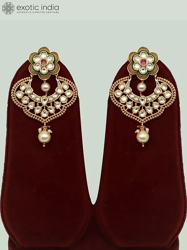 Exotic India Brass Necklace Set With Kundan Studded Earrings And Hanging Beads