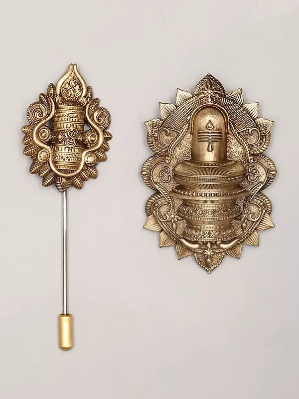 exotic india Brass Shiva Linga Lapel Pin and Brooch Set 