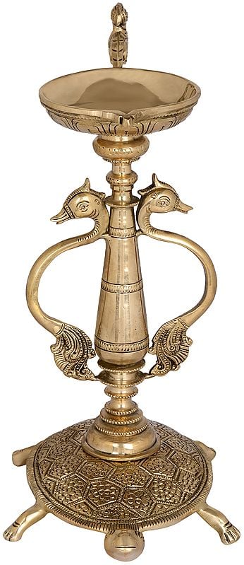 Exotic India Brass Vastu Lamp On Tortoise With Peacock Handles 
