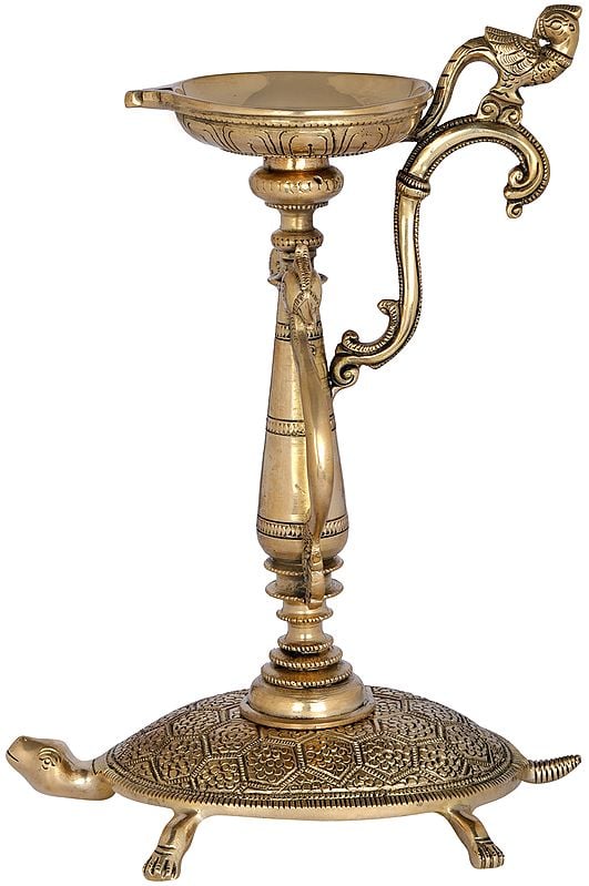 Exotic India Brass Vastu Lamp On Tortoise With Peacock Handles 