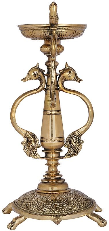 Exotic India Brass Vastu Lamp On Tortoise With Peacock Handles 
