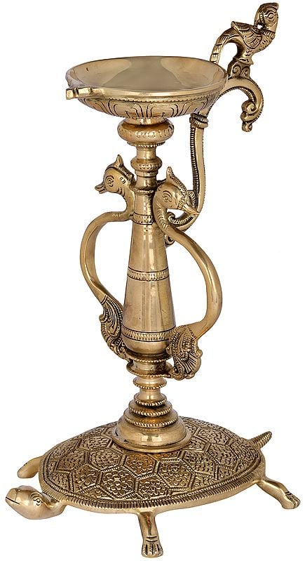 exotic india Brass Vastu Lamp on Tortoise with Peacock Handles 