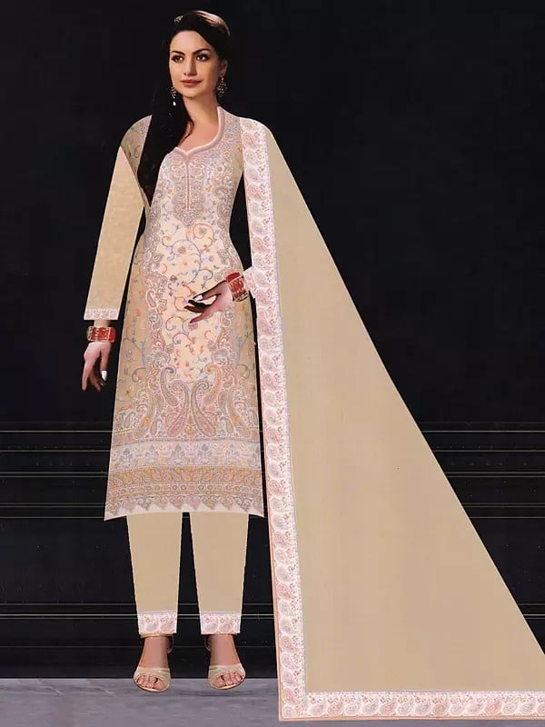 exotic india Brazilian-Sand Poly Wool Kani Jamawar Salwar Suit with Dupatta 