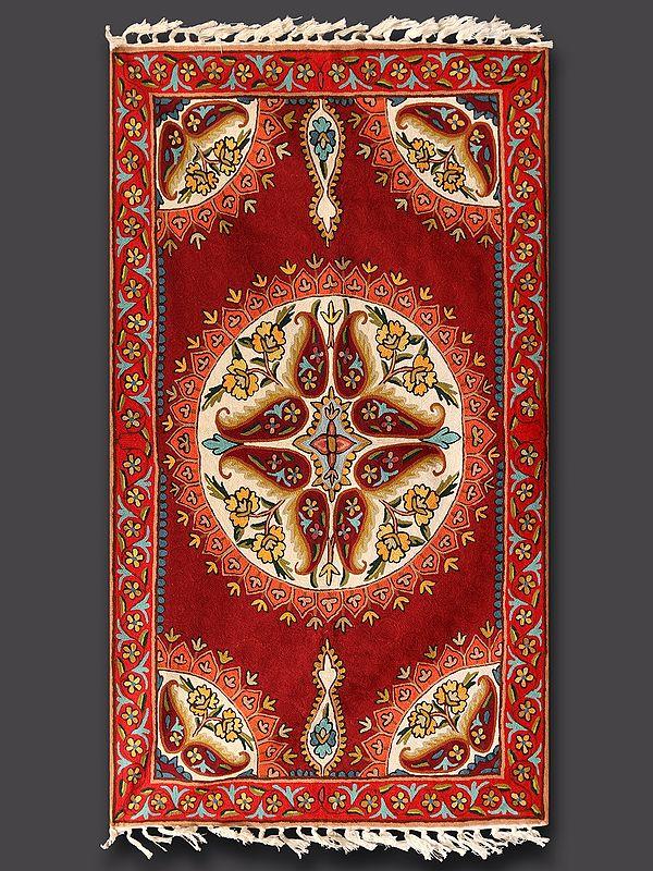 Exotic India Brick-Red Paisley Chain Stitched Silk Asana Carpet From Kashmir 
