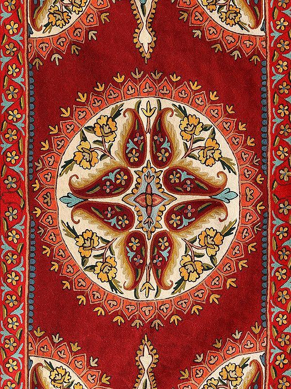 Exotic India Brick-Red Paisley Chain Stitched Silk Asana Carpet From Kashmir 