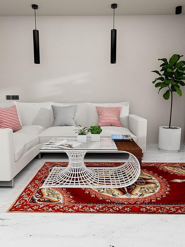 exotic india Brick-Red Paisley Chain Stitched Silk Asana Carpet from Kashmir 