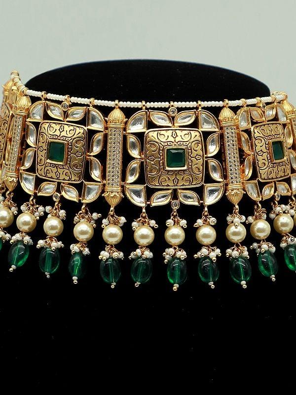Exotic India Bridal Choker Set With Meenakari Matte Design And Beads 