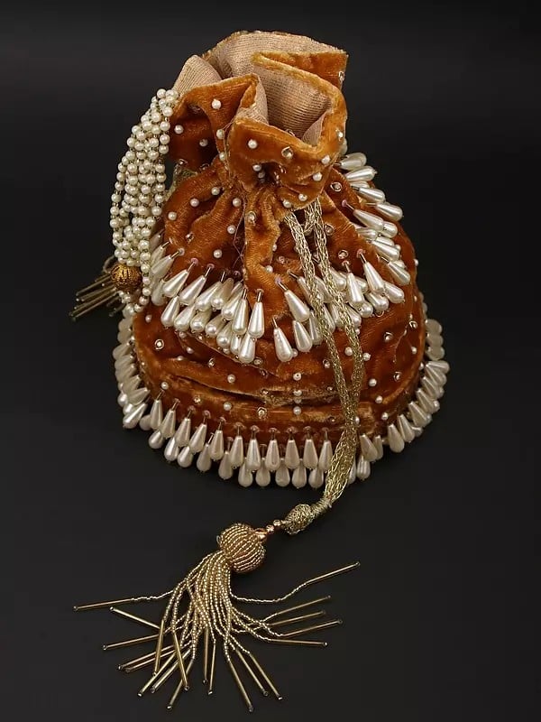 Exotic India Bridal Drawstring Velvet Potli Bag With Embroidered Beads And Faux Pearls 