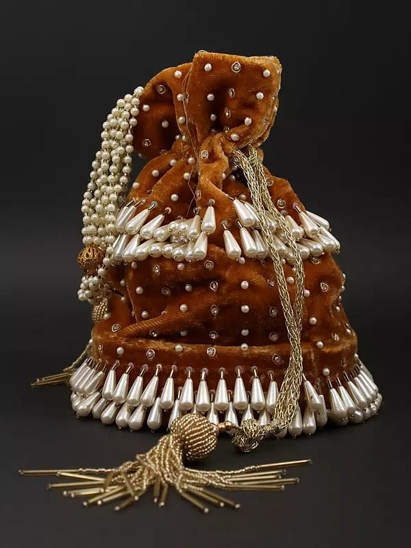 exotic india Bridal Drawstring Velvet Potli Bag with Embroidered Beads and Faux Pearls 
