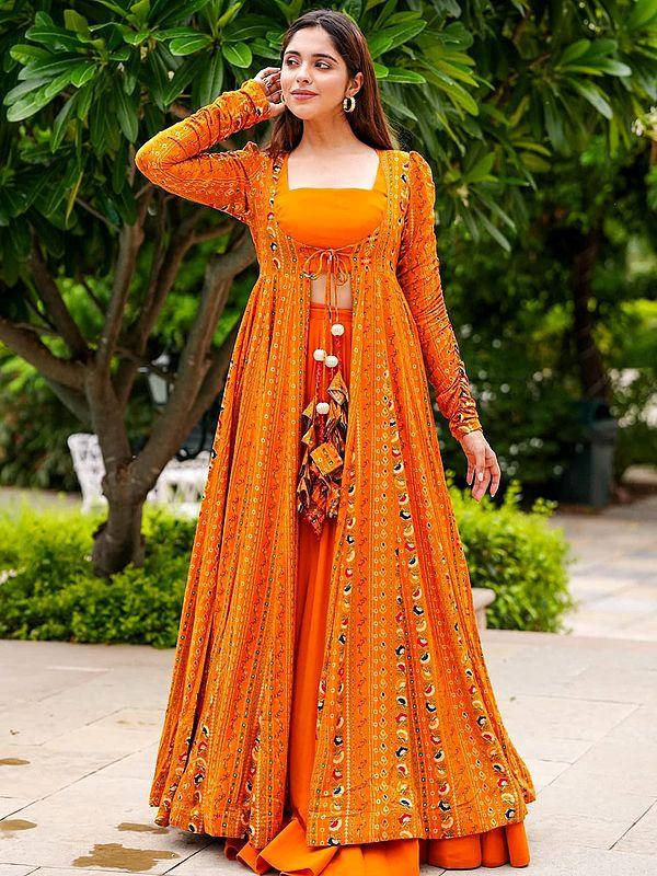 exotic india Bright-Orange Three Piece Digital Printed Koti Style Indo-Western Suit with Heavy Rayon Long Jacket 