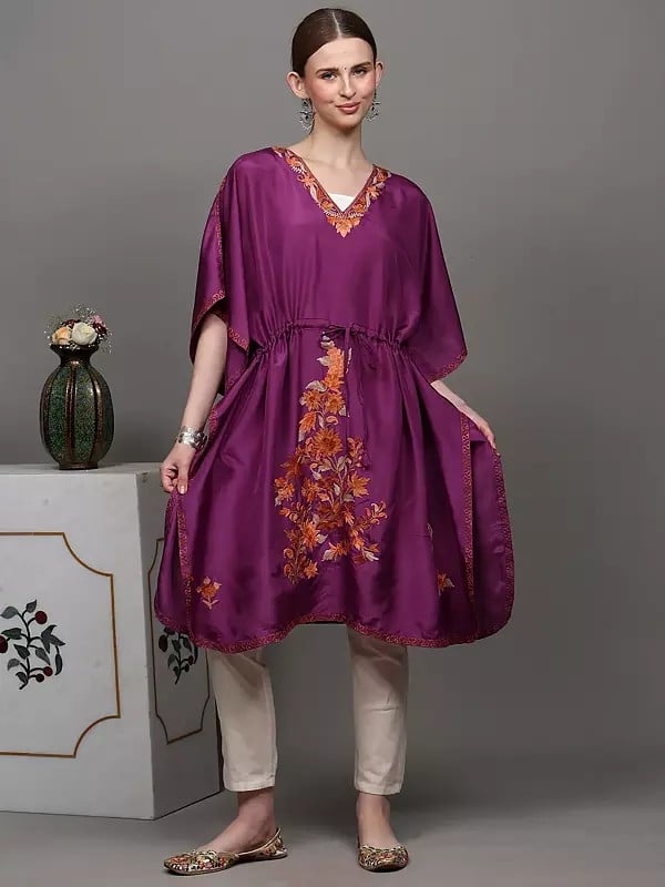Exotic India Bright-Purple Kashmiri Short Kaftan With Aari Embroidered Flowers And Dori At Waist 