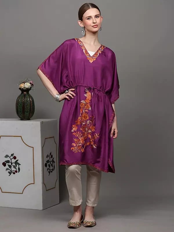 Exotic India Bright-Purple Kashmiri Short Kaftan With Aari Embroidered Flowers And Dori At Waist 