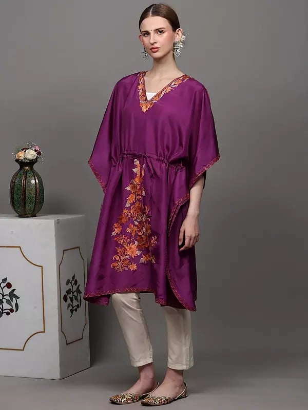 Exotic India Bright-Purple Kashmiri Short Kaftan With Aari Embroidered Flowers And Dori At Waist 