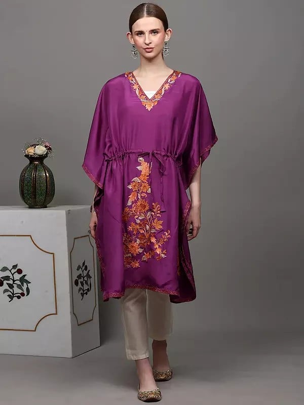 exotic india Bright-Purple Kashmiri Short Kaftan with Aari Embroidered Flowers and Dori at Waist 
