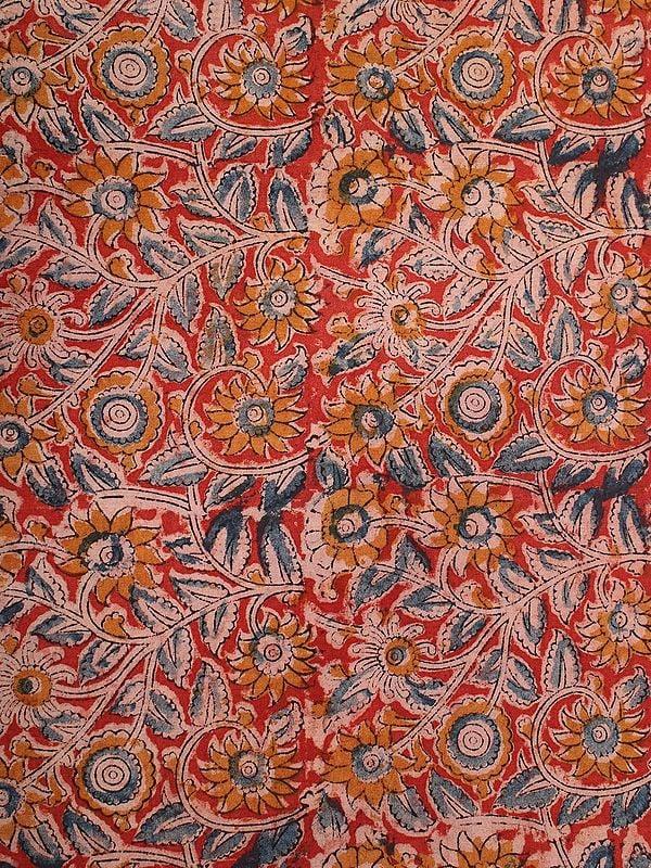 Exotic India Bright-Red Pure Cotton Kalamkari Block Printed Fabric 
