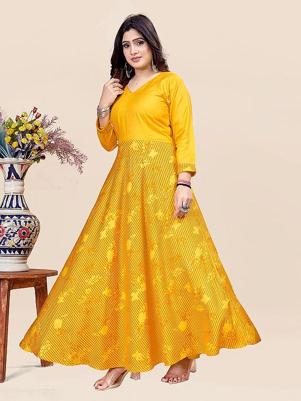 Exotic India Bright-Sun Digital Print Designer Floral V-Neck Party Wear A-Line Long Rayon Gown 