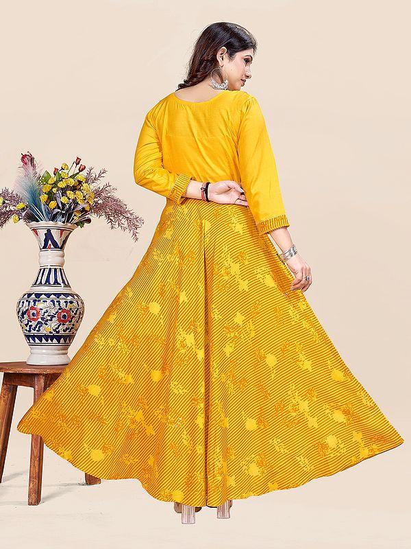 Exotic India Bright-Sun Digital Print Designer Floral V-Neck Party Wear A-Line Long Rayon Gown 