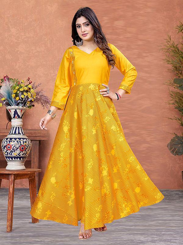 exotic india Bright-Sun Digital Print Designer Floral V-Neck Party Wear A-Line Long Rayon Gown