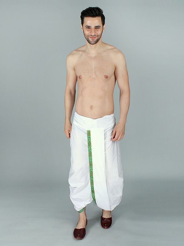 Exotic India Bright-White Cotton Ready To Wear Dhoti With Woven Zari Patti From ISKCON Vrindavan By BLISS 