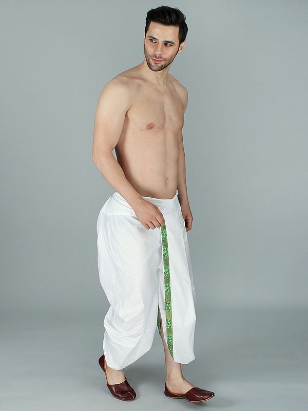 Exotic India Bright-White Cotton Ready To Wear Dhoti With Woven Zari Patti From ISKCON Vrindavan By BLISS 