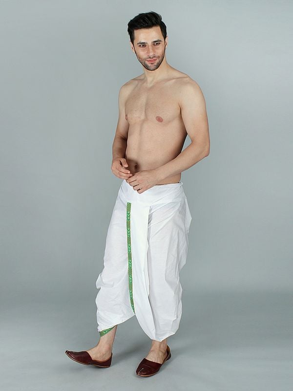 Exotic India Bright-White Cotton Ready To Wear Dhoti With Woven Zari Patti From ISKCON Vrindavan By BLISS 