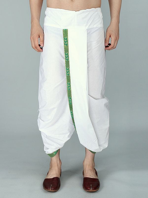 exotic india Bright-White Cotton Ready to Wear Dhoti with Woven Zari Patti from ISKCON Vrindavan by BLISS 