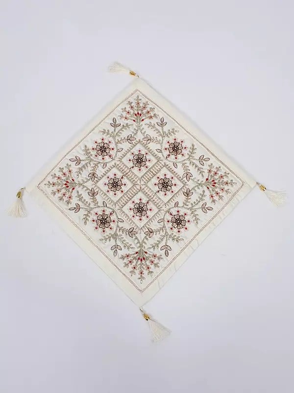 Exotic India Bright-White Floral Zari Embroidered Art Silk Tassel Cushion Cover 