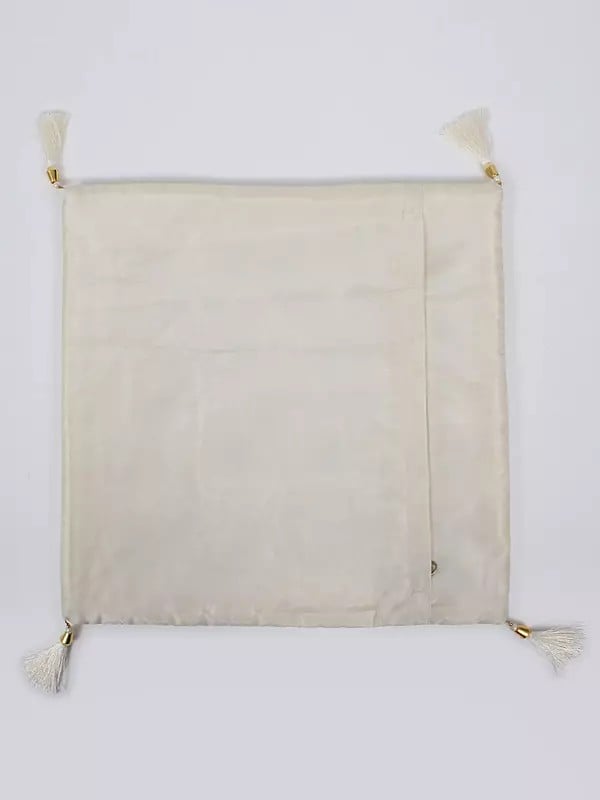 Exotic India Bright-White Floral Zari Embroidered Art Silk Tassel Cushion Cover 