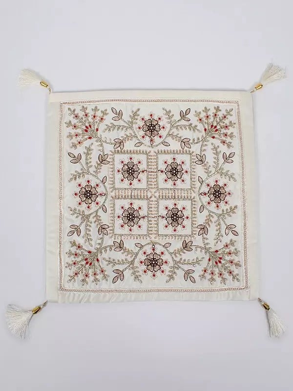 exotic india Bright-White Floral Zari Embroidered Art Silk Tassel Cushion Cover 