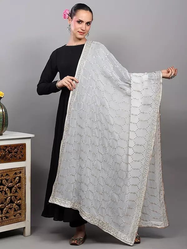 Exotic India Bright-White Georgette Dupatta From Punjab With Zardozi-Sequins Embroidery 