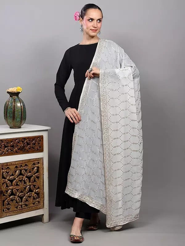 Exotic India Bright-White Georgette Dupatta From Punjab With Zardozi-Sequins Embroidery 