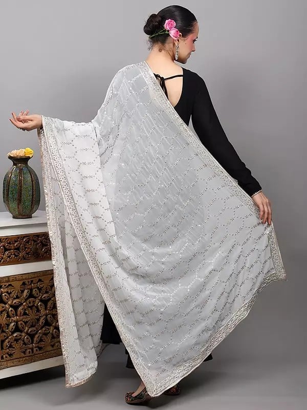 Exotic India Bright-White Georgette Dupatta From Punjab With Zardozi-Sequins Embroidery 