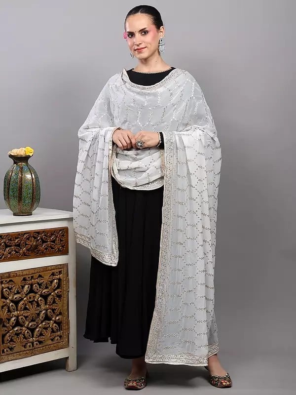 exotic india Bright-White Georgette Dupatta from Punjab with Zardozi-Sequins Embroidery 