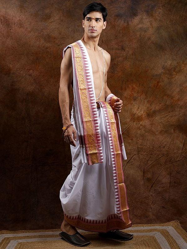 Exotic India Bright-White Plain Dhoti And Angavastram Set With Peacock-Temple Woven Border 
