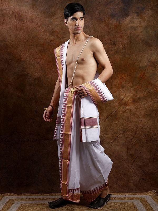 Exotic India Bright-White Plain Dhoti And Angavastram Set With Peacock-Temple Woven Border 