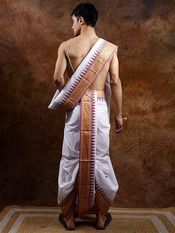 Exotic India Bright-White Plain Dhoti And Angavastram Set With Peacock-Temple Woven Border 