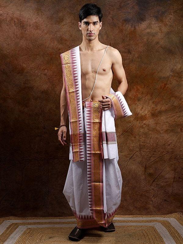 exotic india Bright-White Plain Dhoti and Angavastram Set with Peacock-Temple Woven Border 
