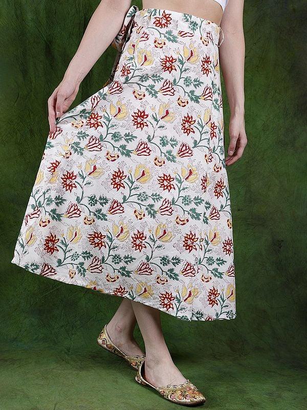 Exotic India Bright-White Printed Pure Cotton Wrap-Around Long Summer Skirt 
