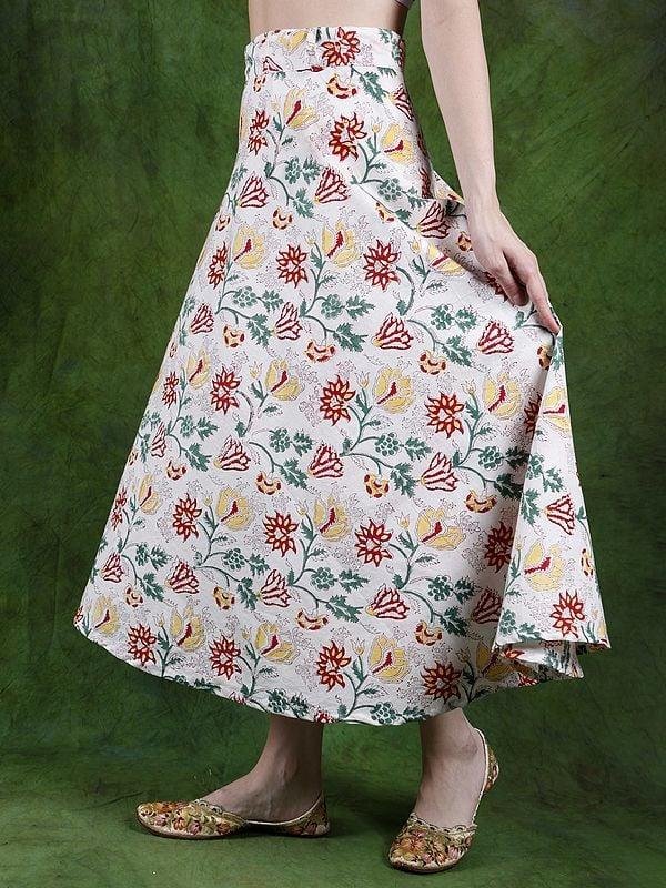 Exotic India Bright-White Printed Pure Cotton Wrap-Around Long Summer Skirt 