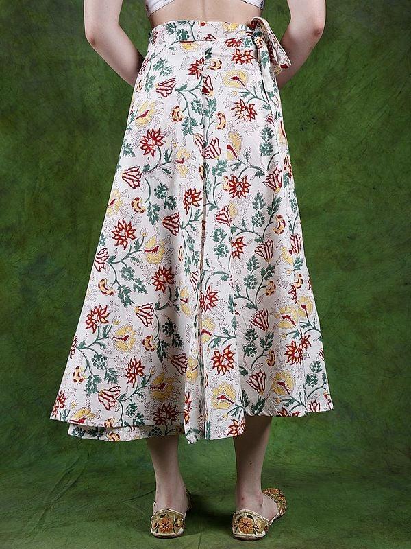 Exotic India Bright-White Printed Pure Cotton Wrap-Around Long Summer Skirt 