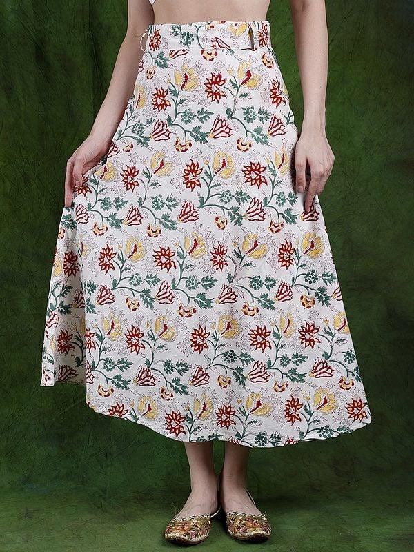 exotic india Bright-White Printed Pure Cotton Wrap-Around Long Summer Skirt 