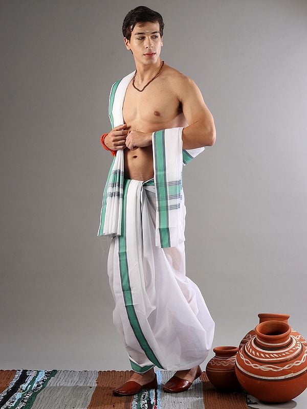Exotic India Bright-White Pure Cotton Dhoti-Veshti Drape Set With Woven Border 