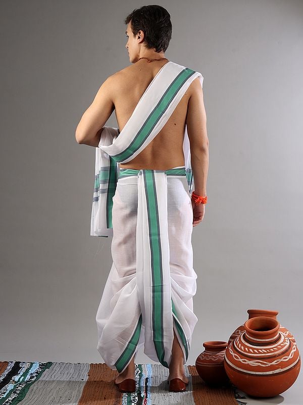 Exotic India Bright-White Pure Cotton Dhoti-Veshti Drape Set With Woven Border 