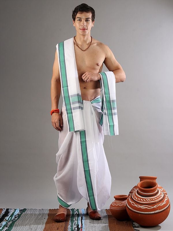 exotic india Bright-White Pure Cotton Dhoti-Veshti Drape Set With Woven Border 