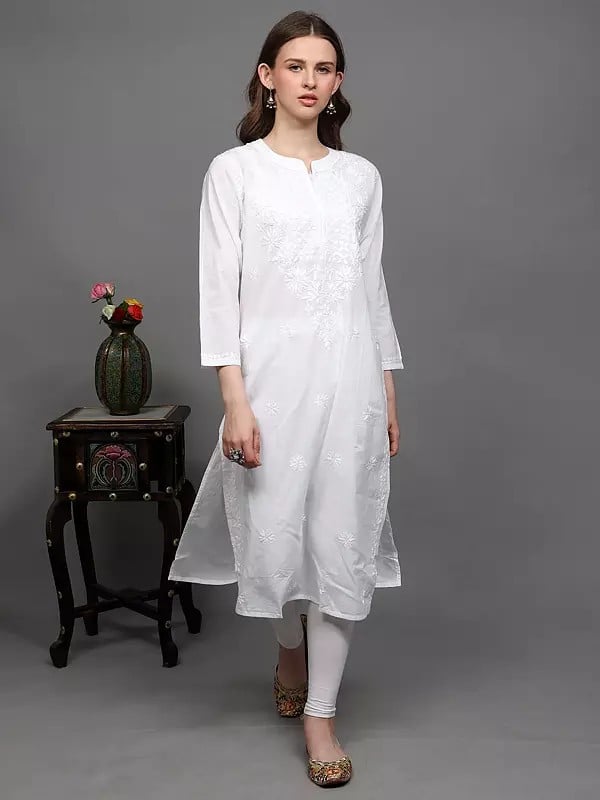 Exotic India Bright-White Pure Cotton Floral Lukhnavi Chikankari Embroidered Long Kurti 