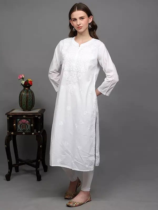 Exotic India Bright-White Pure Cotton Floral Lukhnavi Chikankari Embroidered Long Kurti 