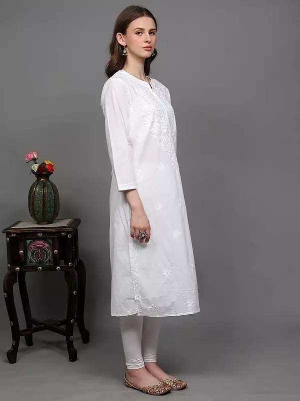 Exotic India Bright-White Pure Cotton Floral Lukhnavi Chikankari Embroidered Long Kurti 