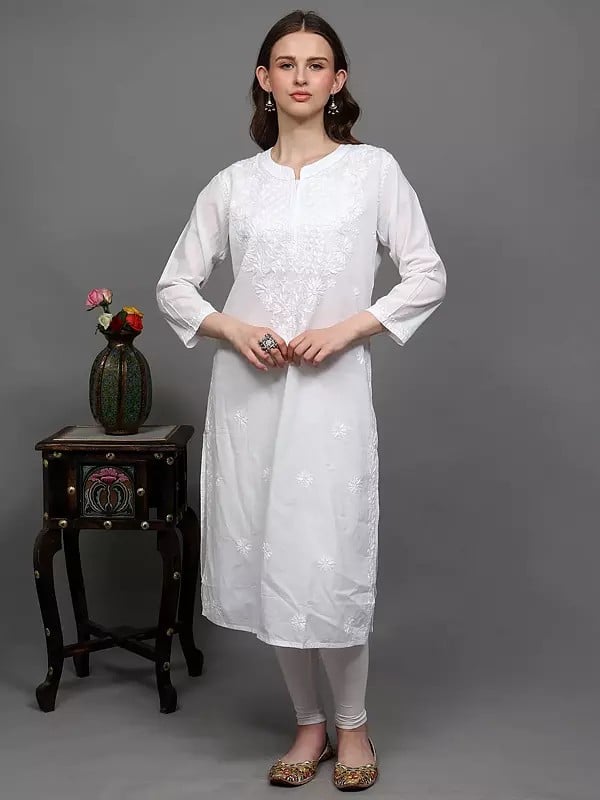 exotic india Bright-White Pure Cotton Floral Lukhnavi Chikankari Embroidered Long Kurti 