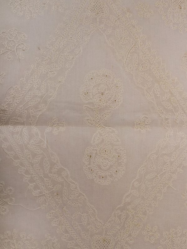 Exotic India Bright-White Pure Cotton Set Of Seven Table Runner And Covers With Floral Lukhnavi Chikankari Embroidery By Hand 