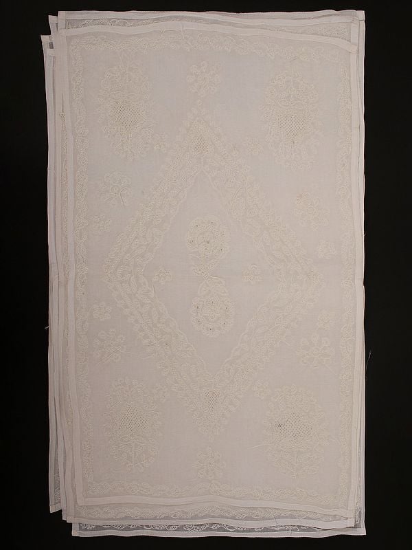 exotic india Bright-White Pure Cotton Set of Seven Table Runner and Covers with Floral Lukhnavi Chikankari Embroidery by Hand 
